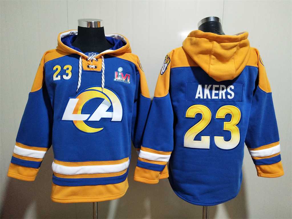 Rams 23 Akers Royal Super Bowl LVI All Stitched Sweatshirt Hoodie,We sell and wholesale Rams 23 Akers Royal Super Bowl LVI All Stitched Sweatshirt Hoodie on line form chian!